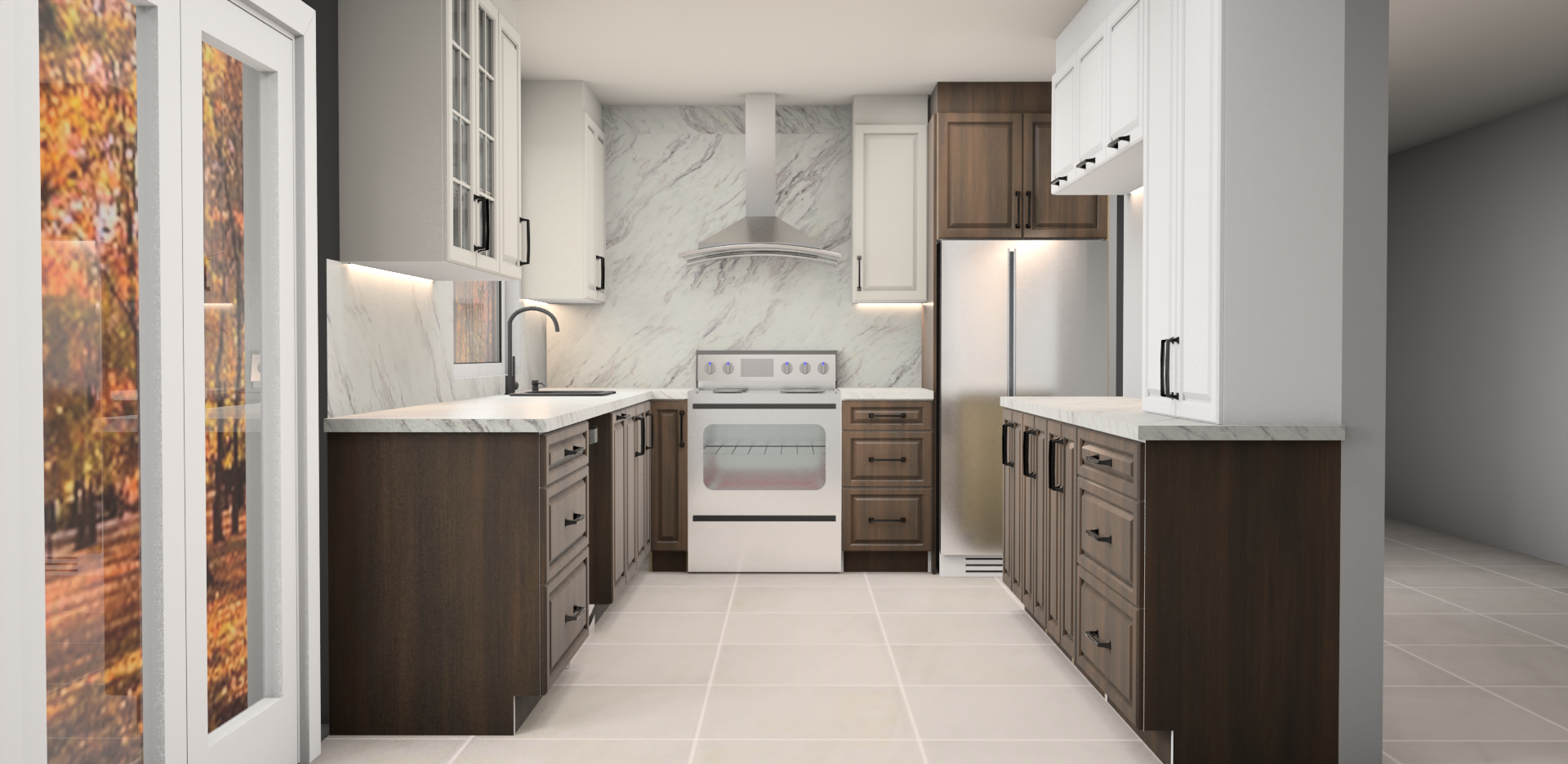 Une cuisine avec cuisinière , réfrigérateur , évier et armoires.