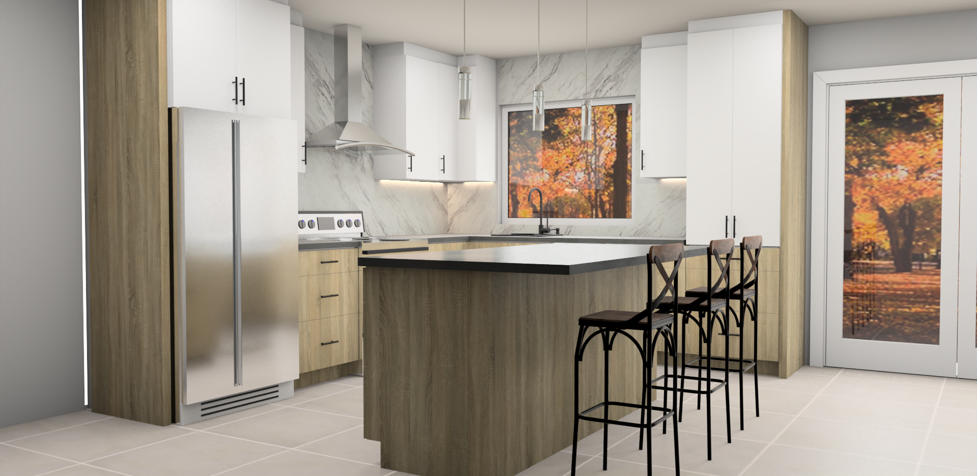 Une cuisine avec électroménagers en acier inoxydable, armoires en bois et un grand îlot.