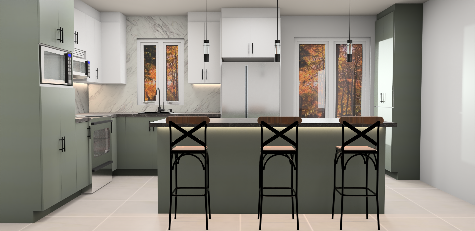 Une cuisine avec un grand îlot et trois tabourets de bar.