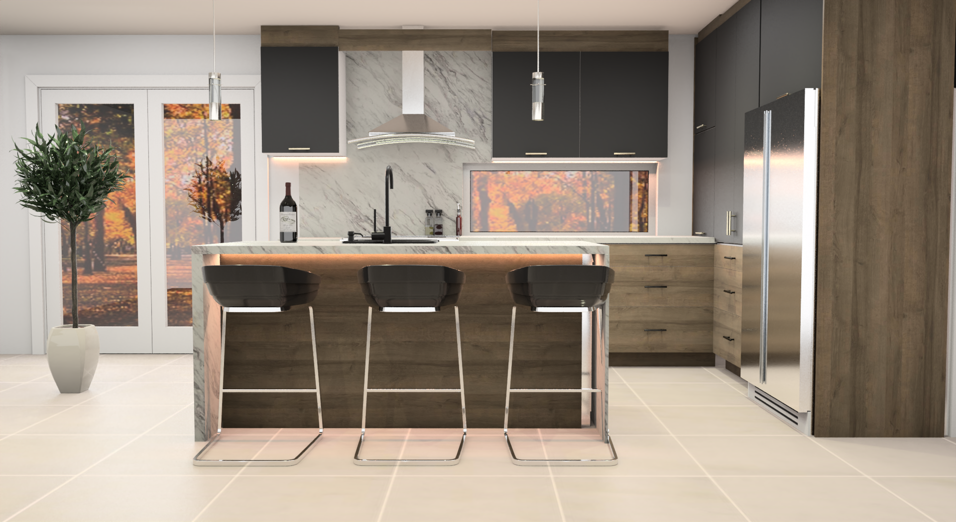 Une cuisine avec un grand îlot , des tabourets et un réfrigérateur.