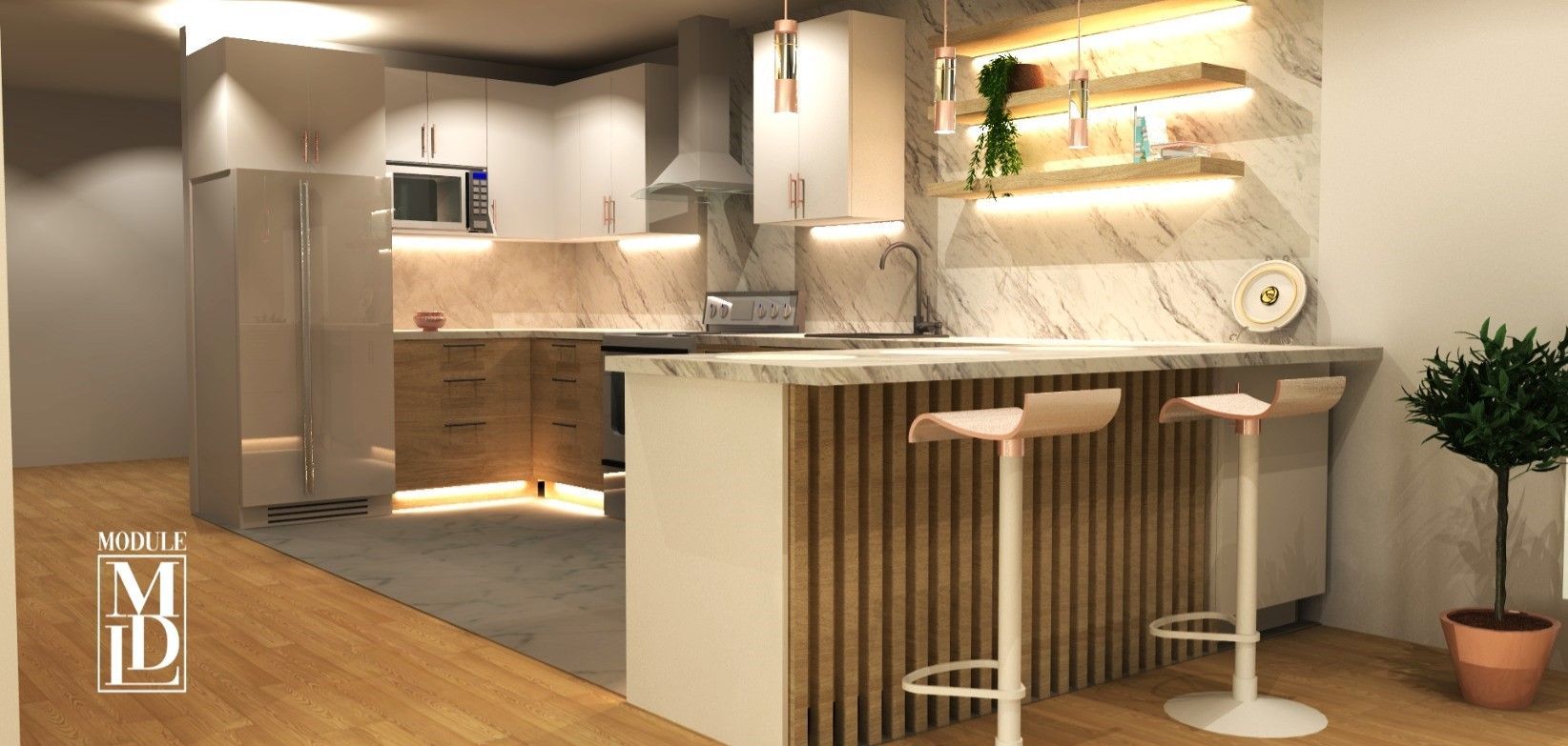 Une cuisine avec un bar et des tabourets à l'intérieur.