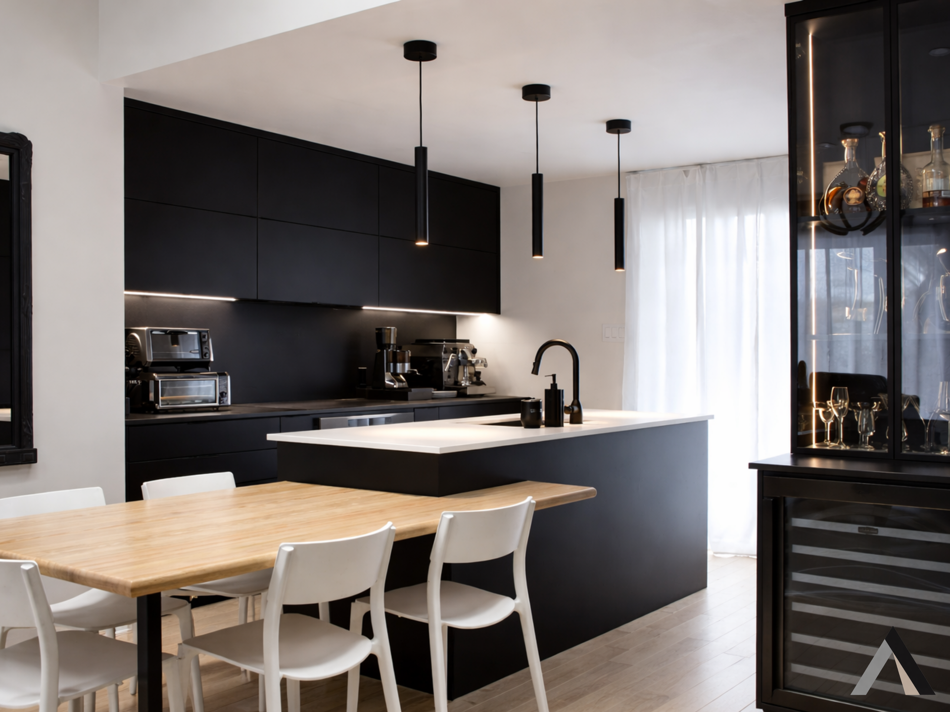 Une cuisine avec armoires en bois, électroménagers en acier inoxydable et une horloge au mur.