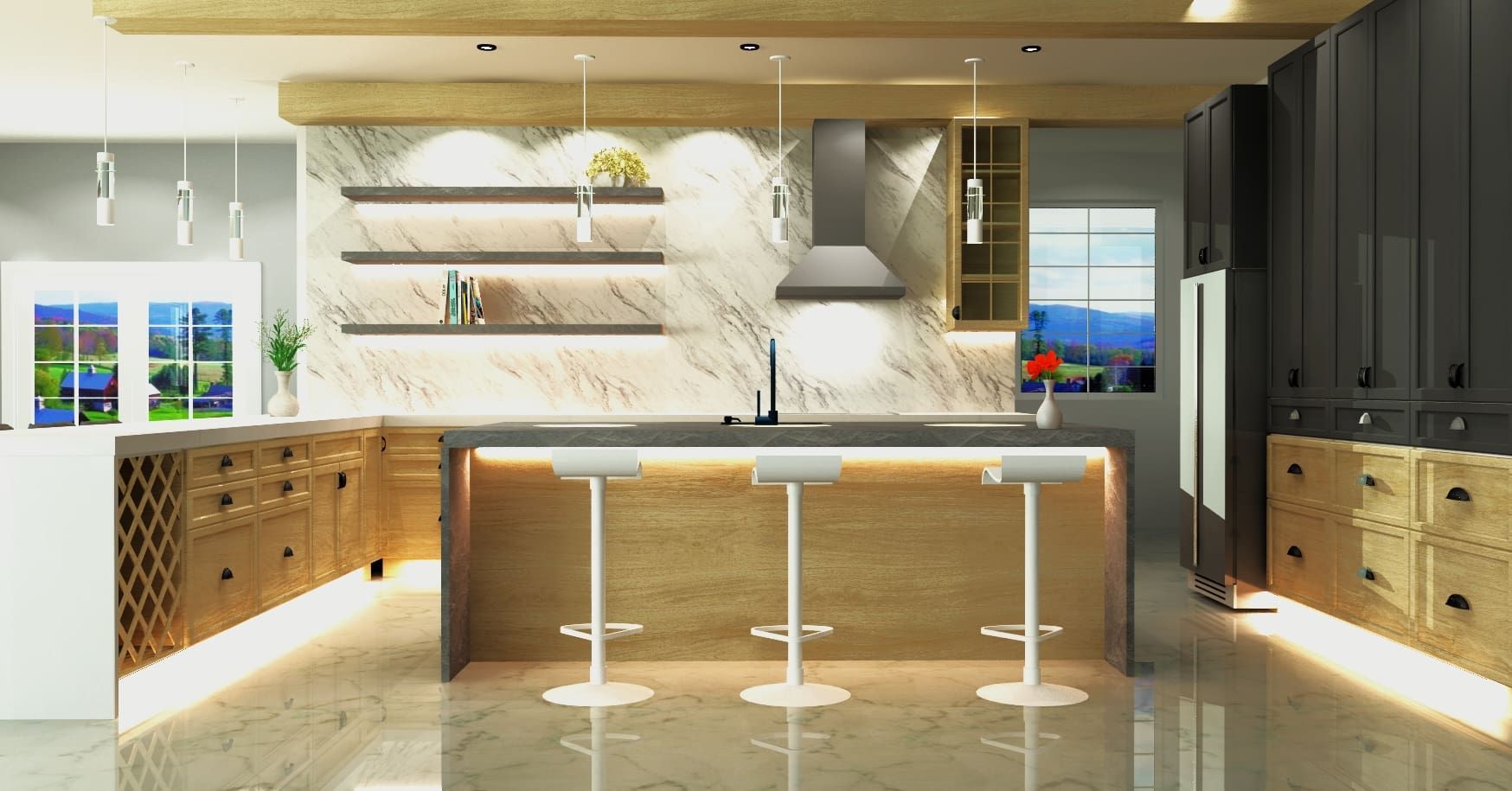 Une cuisine moderne avec un grand îlot et des tabourets.