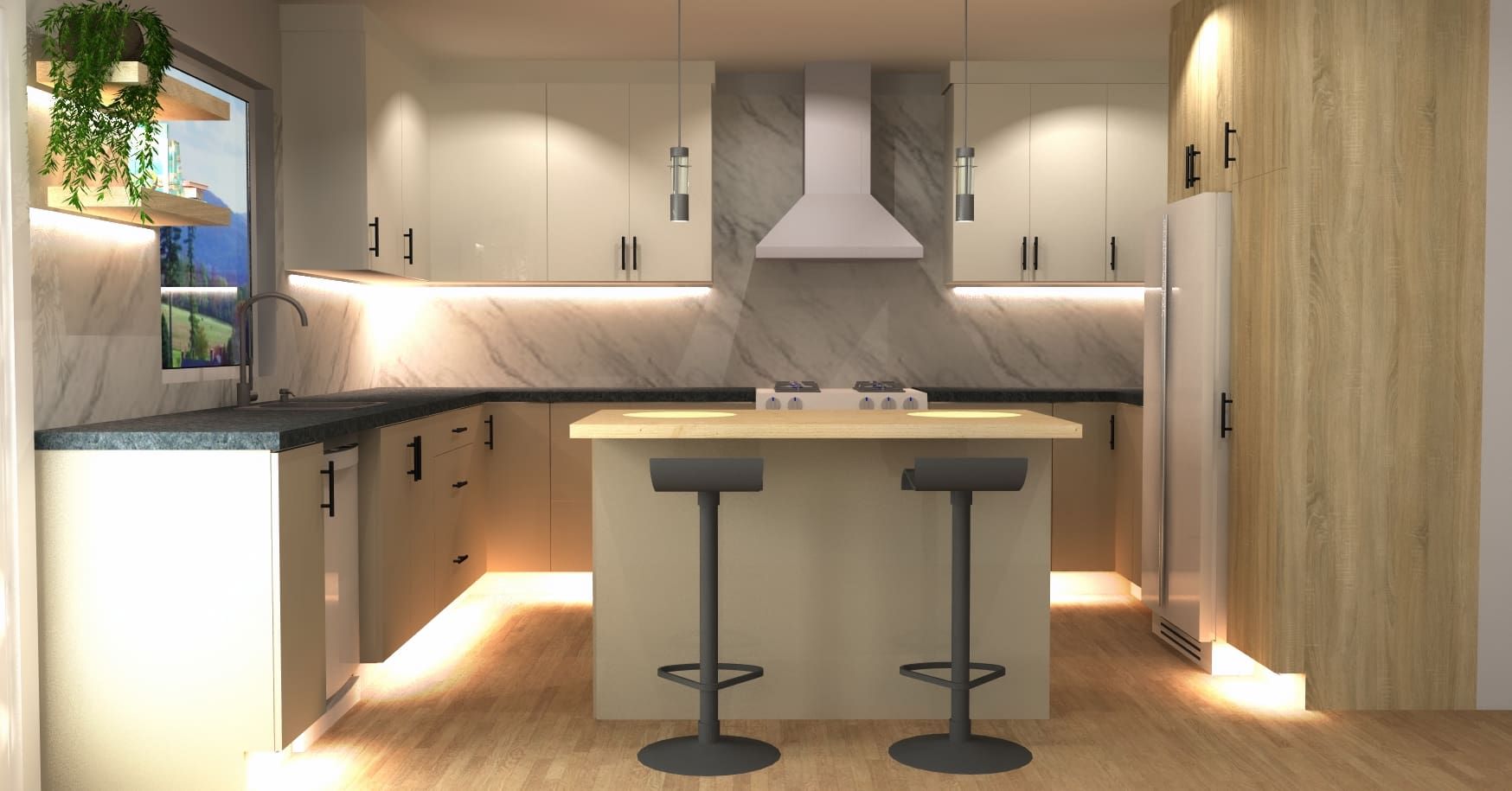 Une cuisine avec un grand îlot et deux tabourets de bar.