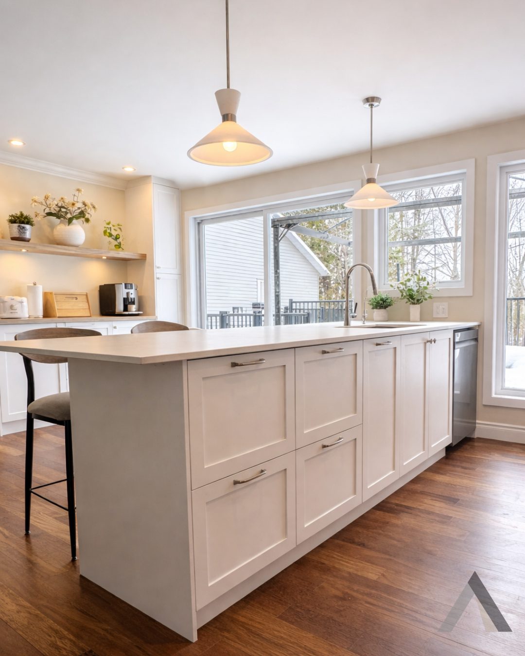 Une cuisine moderne avec un grand îlot et des tabourets.