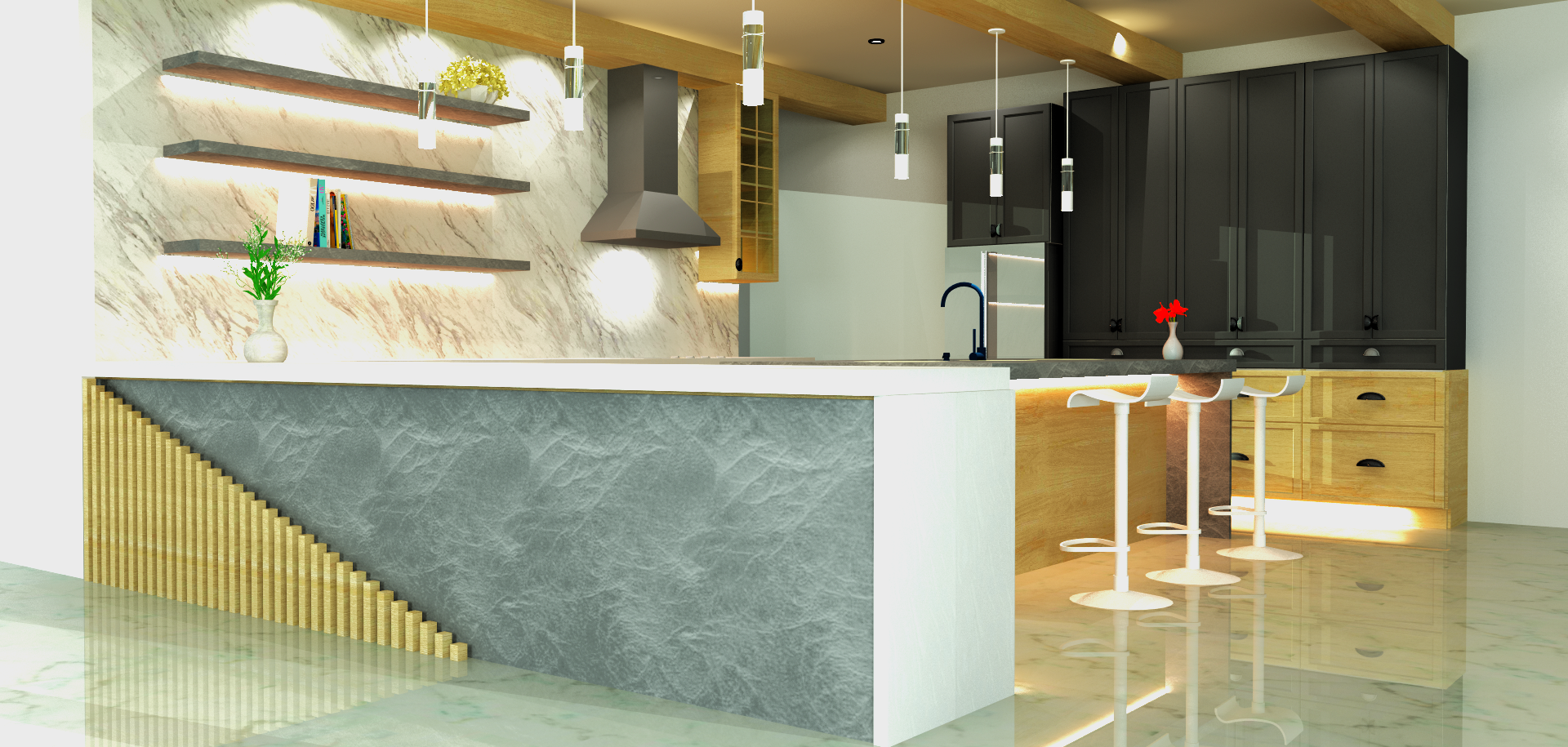 Une cuisine avec un grand îlot au milieu de la pièce.