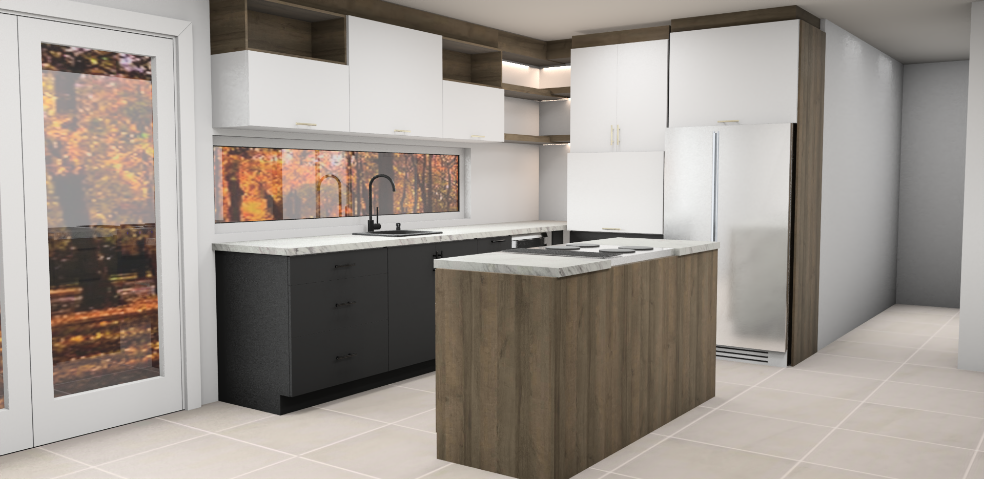 Une image générée par ordinateur d'une cuisine avec un grand îlot au milieu.