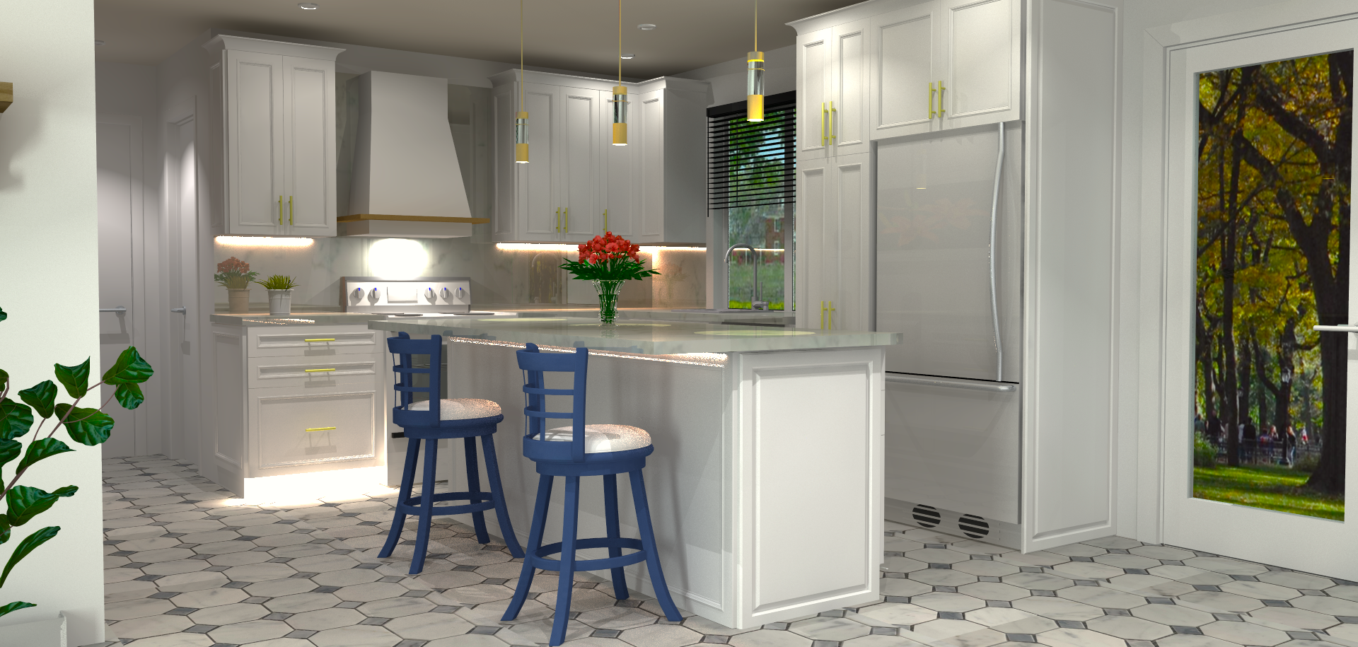 Une cuisine avec armoires blanches et tabourets bleus et un grand îlot.