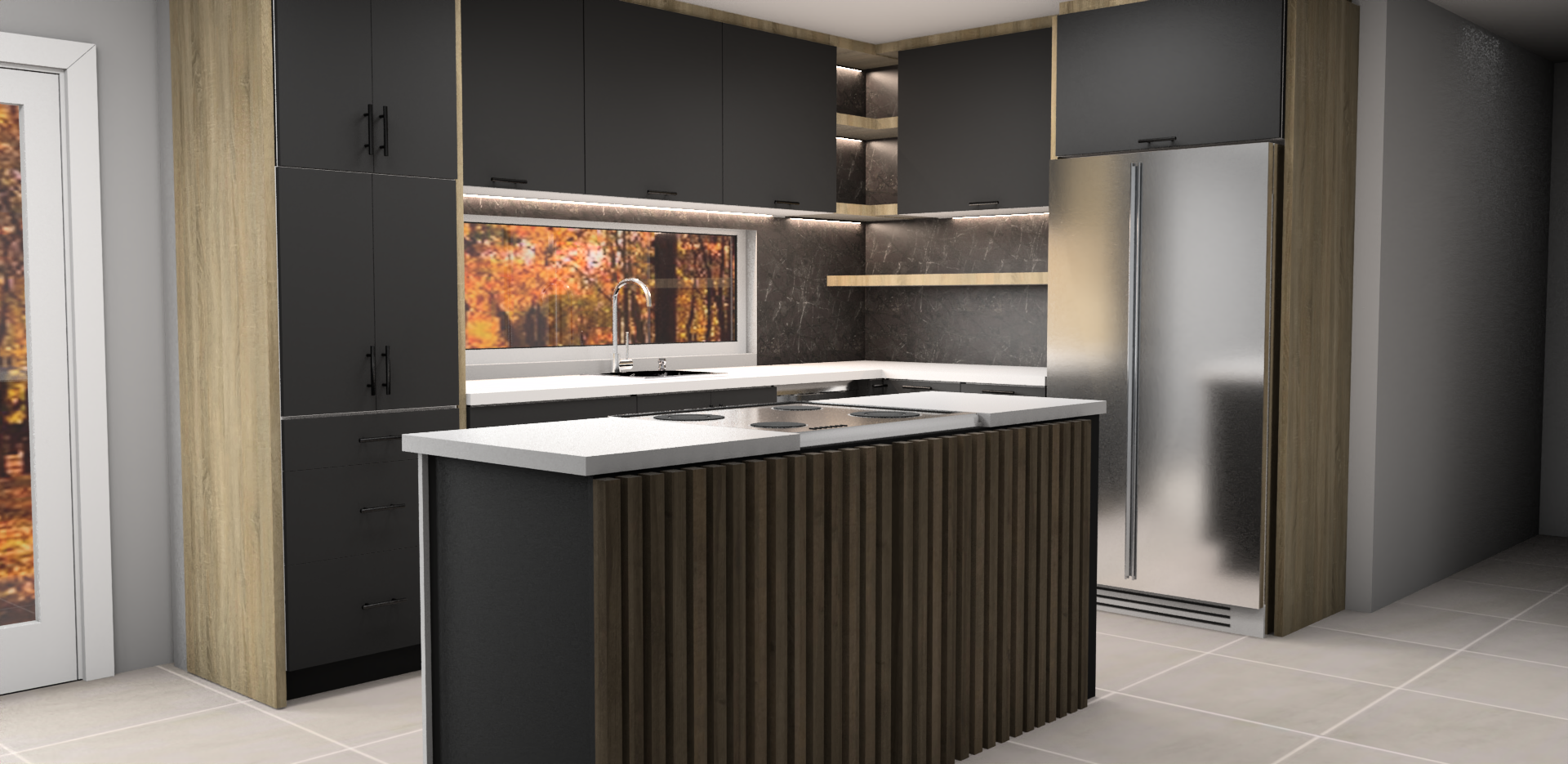 Une cuisine avec électroménagers en acier inoxydable et un grand îlot au milieu.