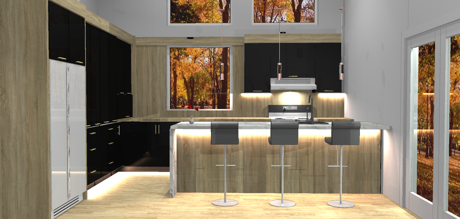 Un rendu 3D d'une cuisine avec armoires et tabourets en bois.