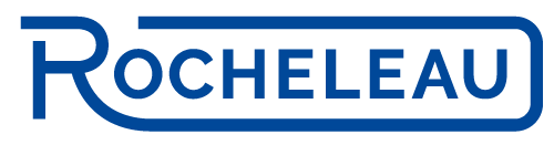 Un logo bleu et blanc pour rocheleau sur fond blanc