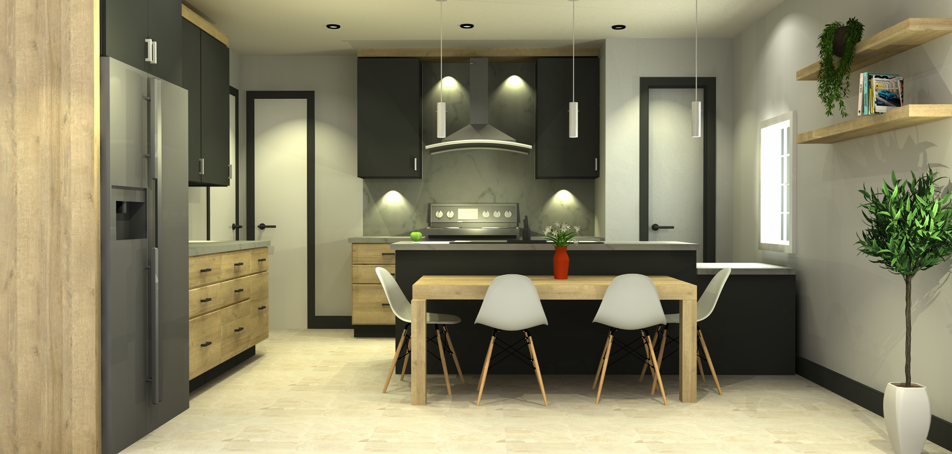 Une cuisine avec une table et des chaises et un réfrigérateur.