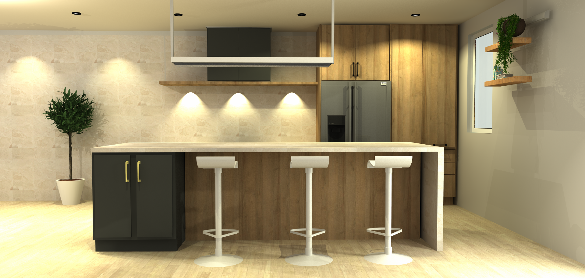 Une cuisine avec armoires en bois, tabourets, réfrigérateur et fenêtre.