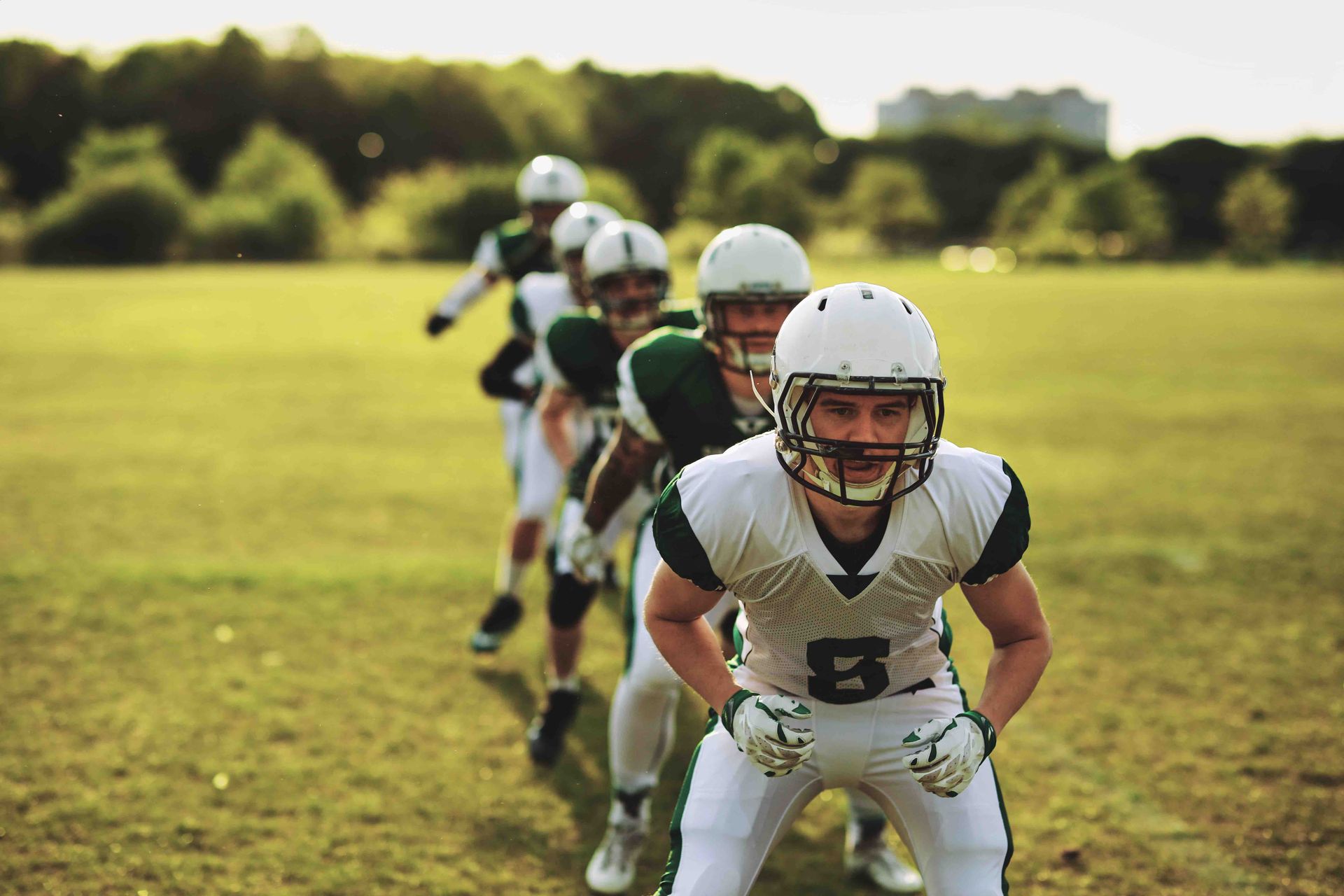 A group of football players are lined up on a field.
