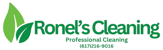 Logo for Ronel&rsquo;s Cleaning featuring two green leaves and the company name and phone number (617) 216-9016.