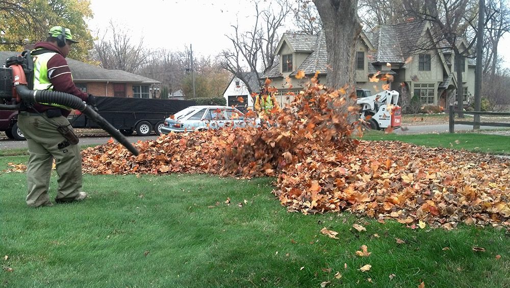 A man is blowing leaves in a yard with a backpack blower