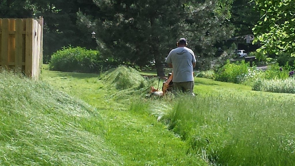 A man is mowing his lawn with a lawn mower