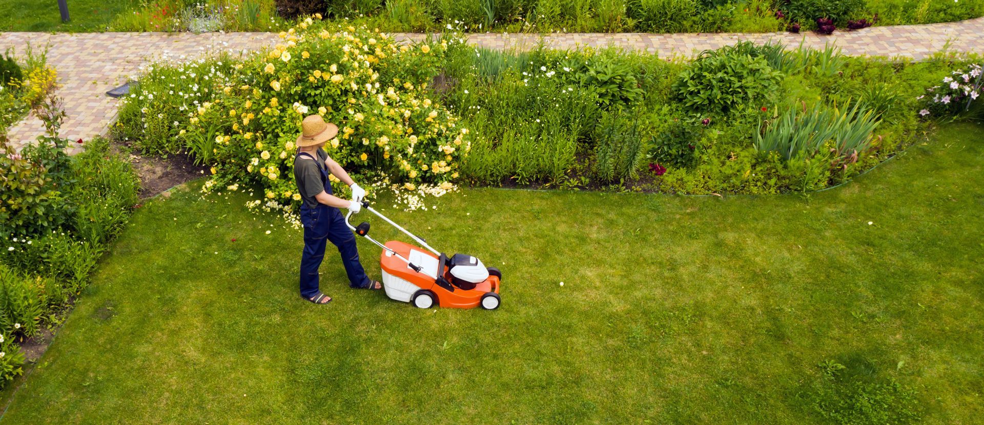 An aerial view of a woman cutting the grass with a lawn mower