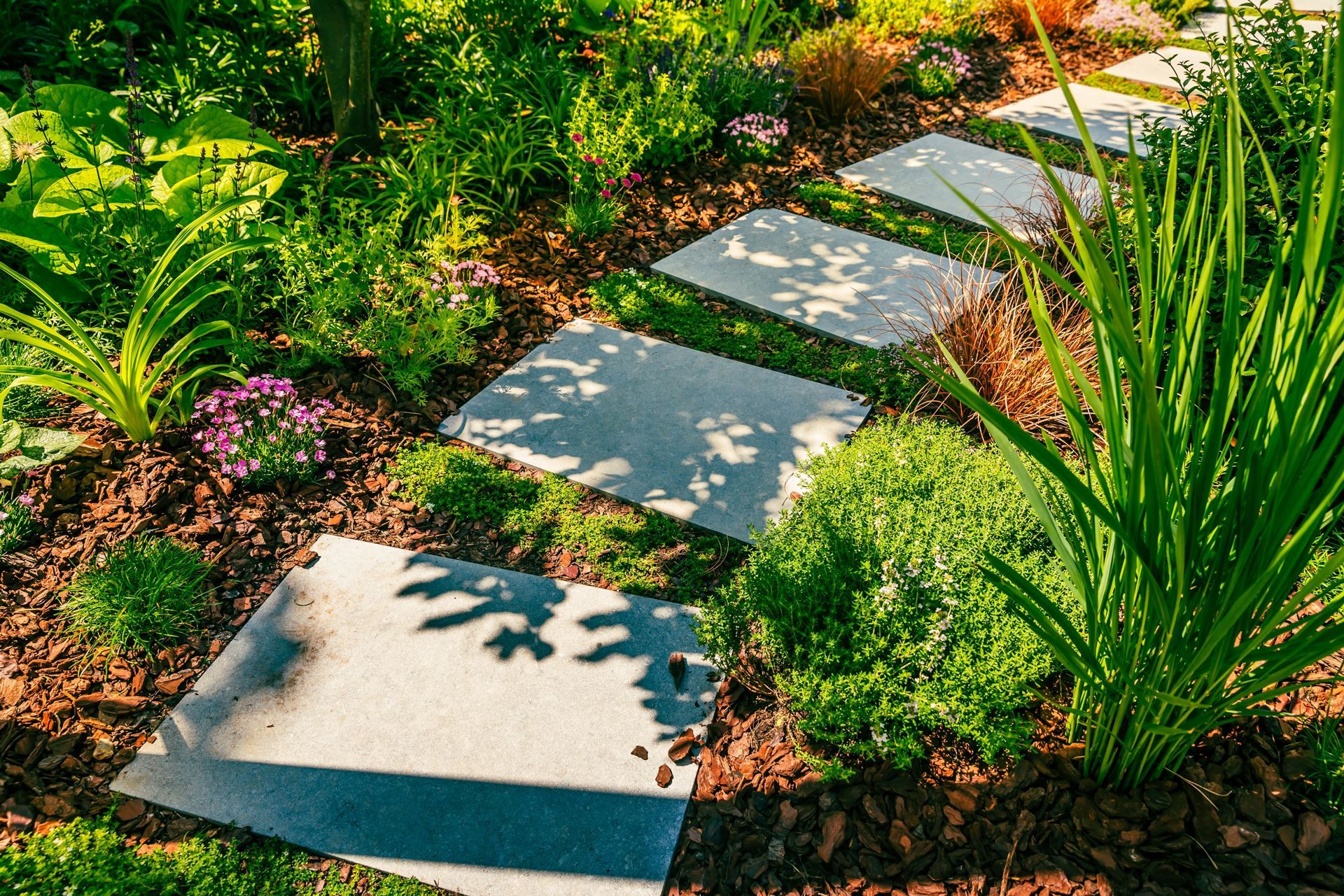 A stone walkway in a garden surrounded by plants and flowers