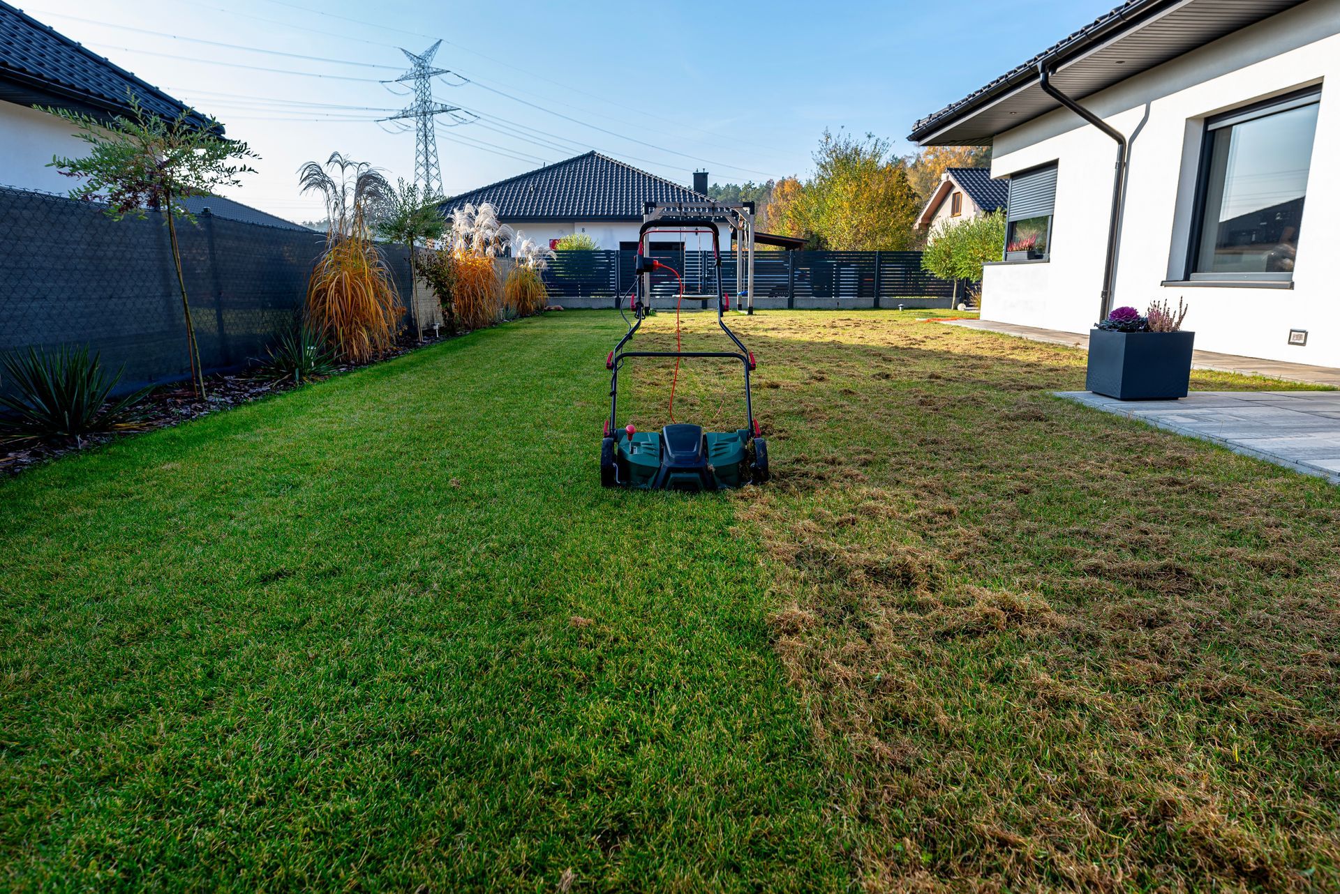 Lawnmower cutting grass in a yard, half cut, half uncut. Houses and trees in the background, sunny day.