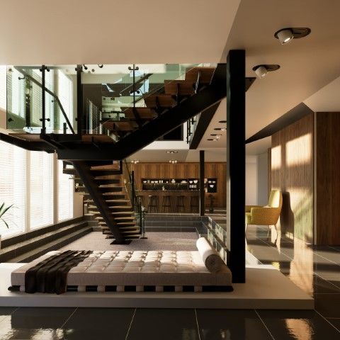 A multi-level interior features a white daybed beneath a metal staircase in a sunlit living space.