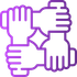 A purple line-art icon of four hands interlocking in a circle, representing teamwork or unity.