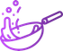 A purple outline icon of a pan with ingredients being tossed inside it, accompanied by floating bubbles.