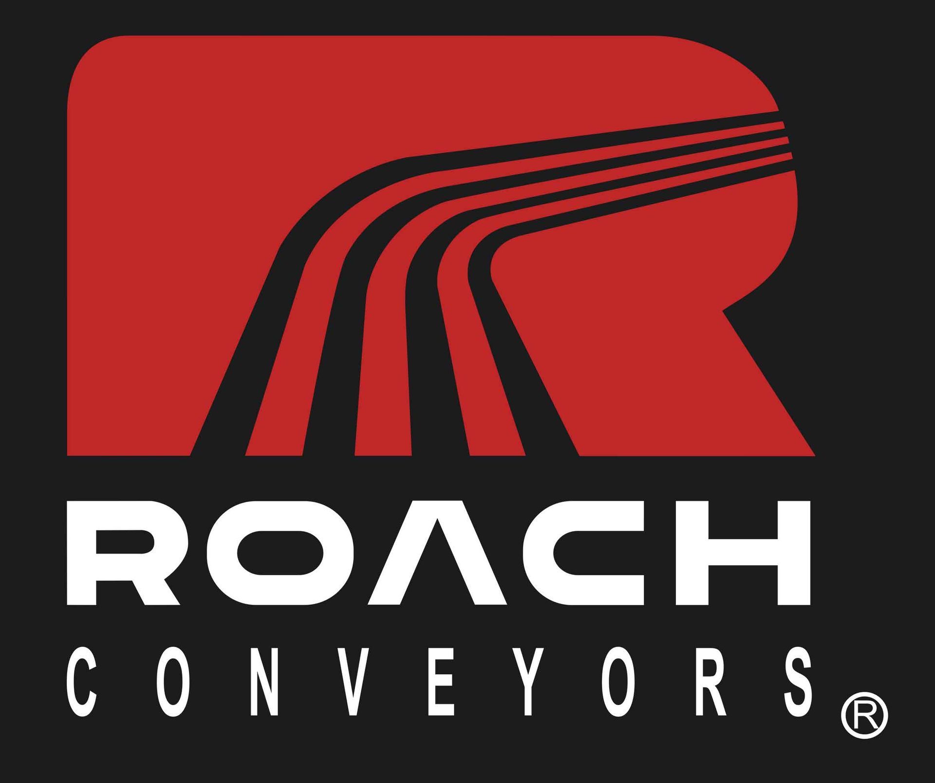 A logo for roach conveyors with a red r on a black background