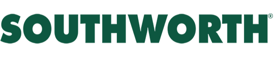 The logo for southworth is green and white on a white background.