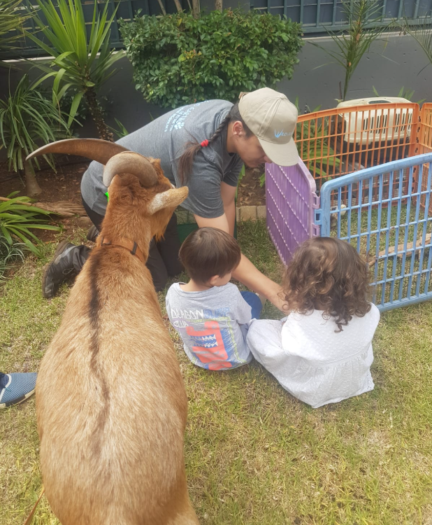 A man and two children are playing with a goat in a yard.