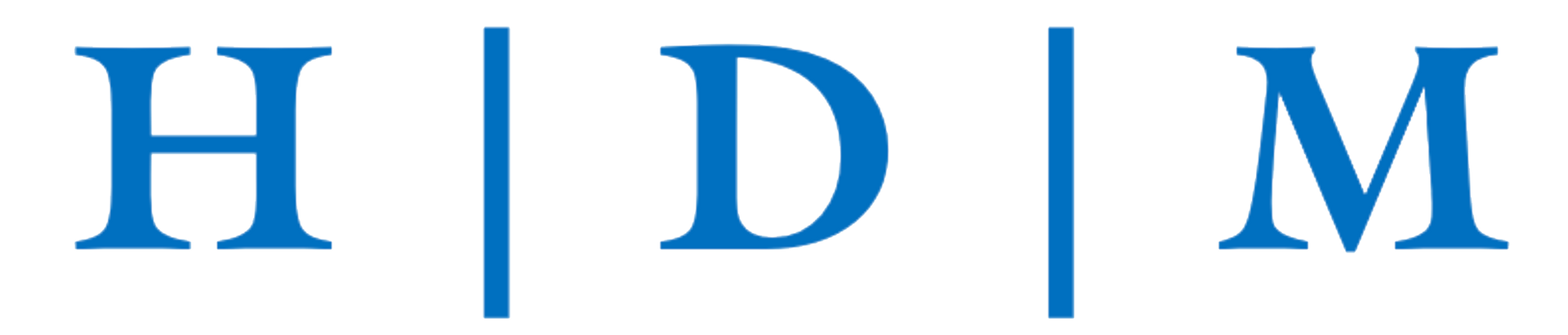 The letters hdm are written in blue on a white background.