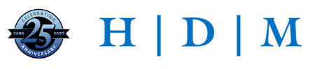 The letters hdm are written in blue on a white background.