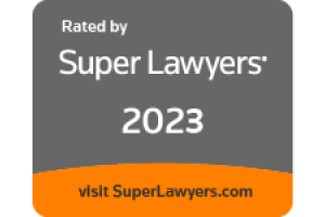 A badge that says rated by super lawyers 2023
