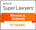A badge that says `` rated by super lawyers '' on it.