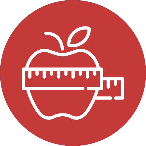 Mela con metro a nastro, all'interno di un cerchio rosso, simbolo di un'alimentazione sana.