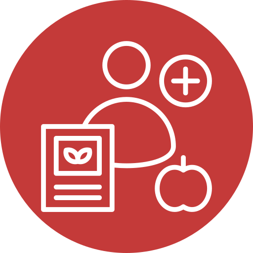 Cerchio rosso con una persona, una mela, un segno più e un documento con il simbolo di una pianta.