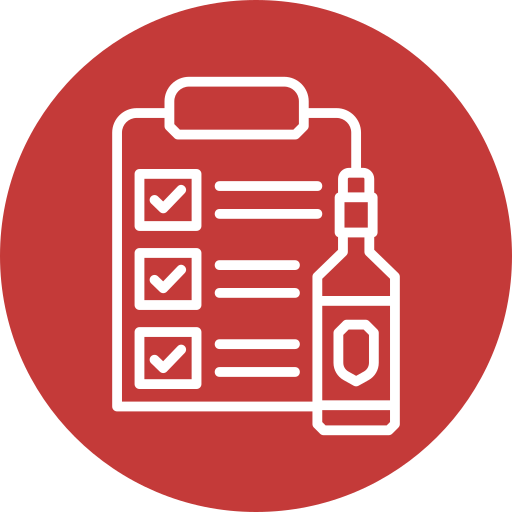 Cerchio rosso con blocco per appunti bianco, lista di controllo e bottiglia di liquore.