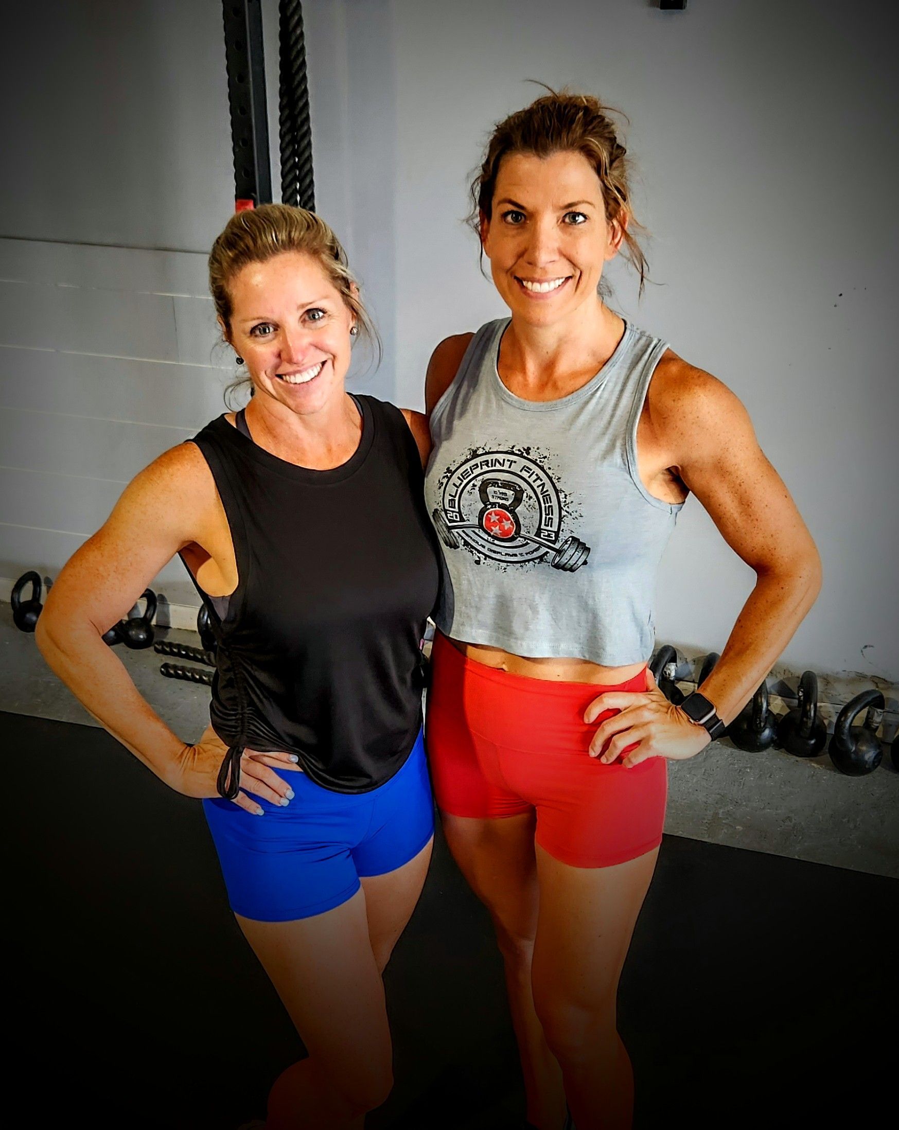 Two women are posing for a picture in a gym.
