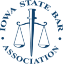 Iowa State Bar Association logo: scales of justice and sword within a blue and white circle.