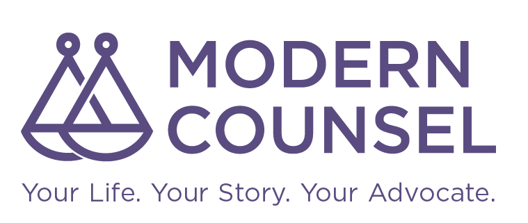 Logo for Modern Counsel, featuring two scales inside of each other, with the words "MODERN COUNSEL" and tagline below.