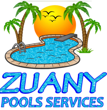 A logo for zuany pools services with a swimming pool and palm trees