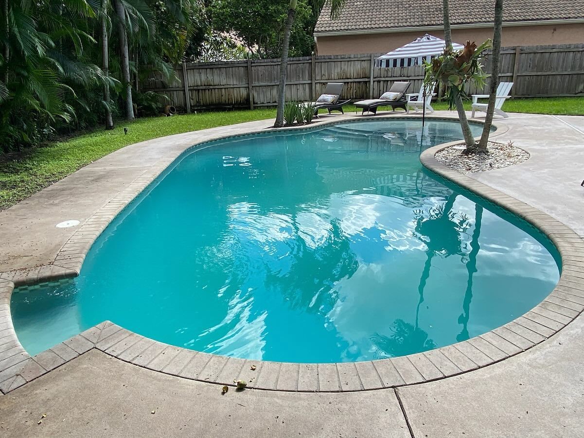 A large swimming pool in a backyard with a brick border