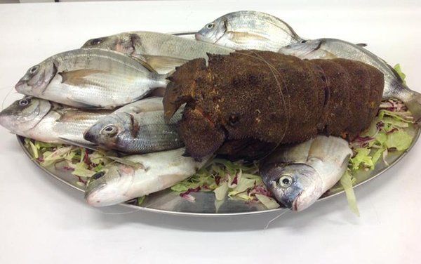 vassoio di pesce fresco crudo su letto di insalata