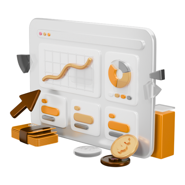 3D rendered dashboard with charts, graphs, money, and a cursor.