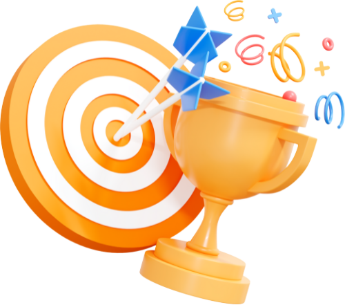 Target with darts, golden trophy, and celebratory confetti.