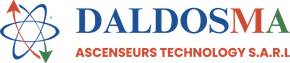 Logo de Daldosma Ascenseurs Technology SARL avec texte bleu et rouge et un symbole abstrait évoquant un atome