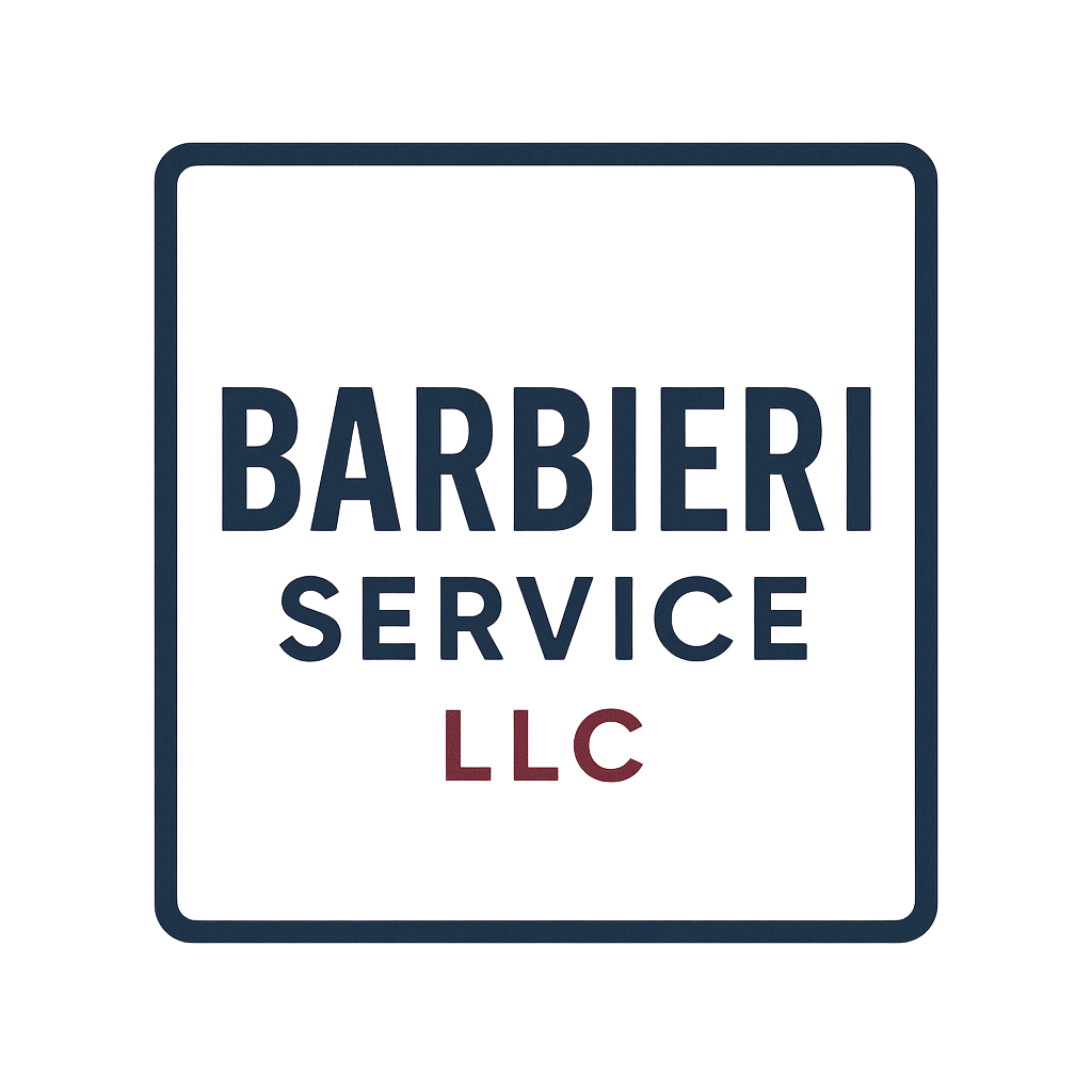 Logo for Barbieri Service LLC, text in a white square with a dark blue border: "BARBIERI SERVICE LLC".