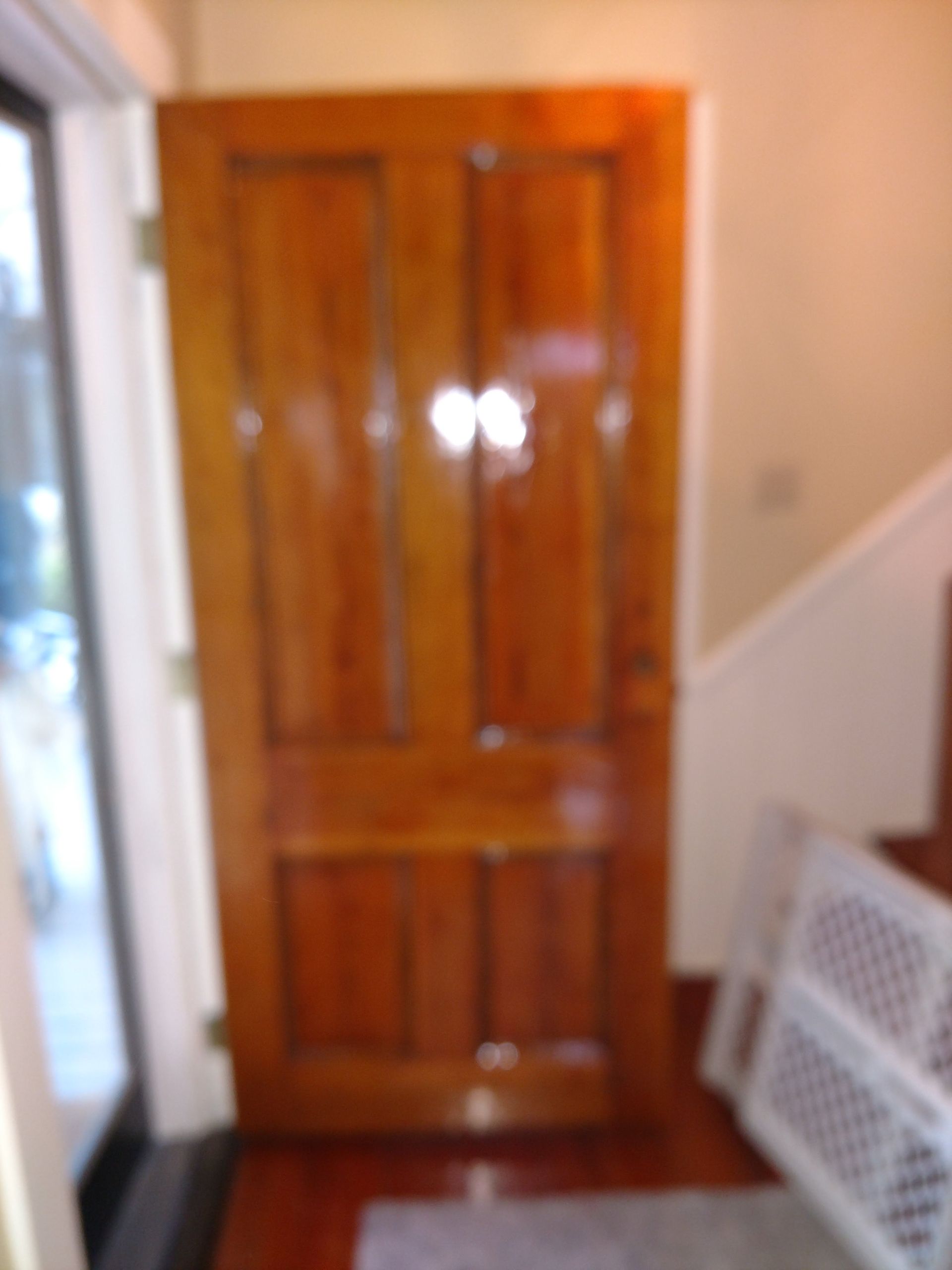 Wooden front door with gloss finish, partially open. A white staircase and child safety gate are visible.