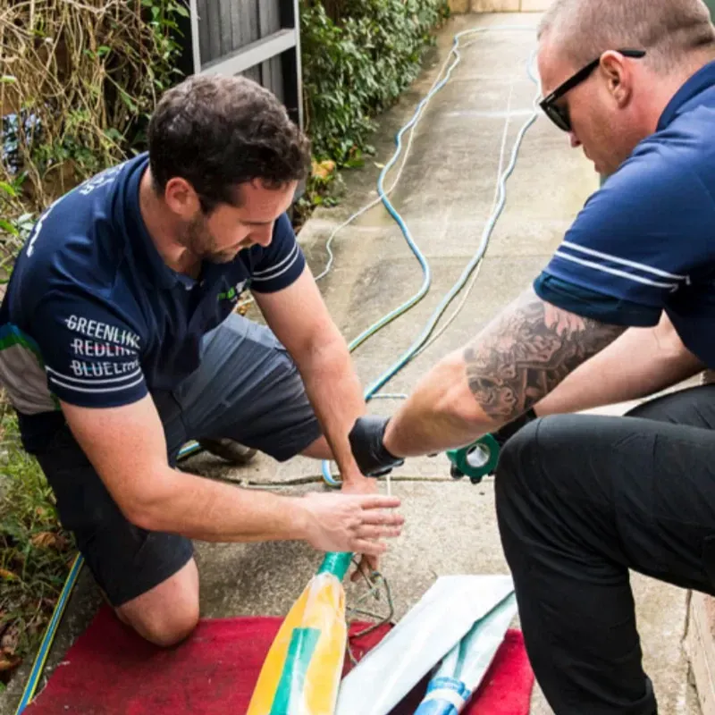 Two men are working on a hose and one has the word green on his shirt