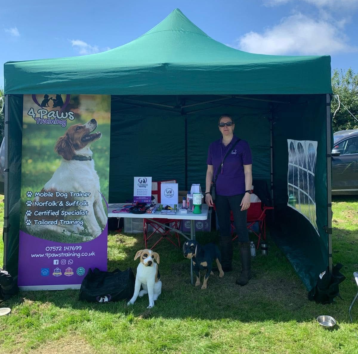 Woman in green shirt smiles next to a dog with long, brown fur. Indoors.